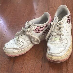 White, pink, green cheetah Nike kids Air Forces